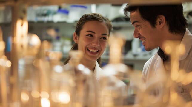 A woman and a man in lab coats attentively discuss scientific findings in a well-equipped laboratory. Their collaboration emphasizes the importance of teamwork in scientific resear