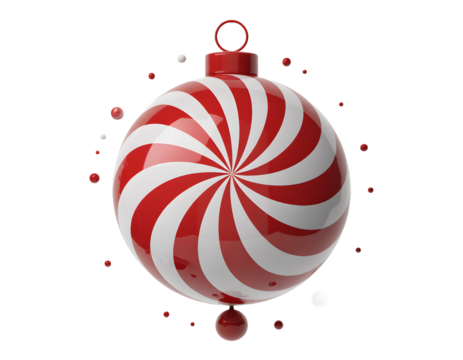 Festive red and white striped christmas ornament with swirling pattern isolated on transparent background