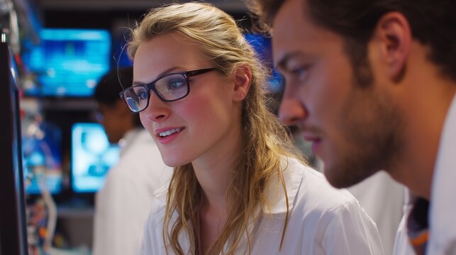 In a laboratory filled with advanced technology, a woman and a man engage in a focused discussion about ongoing experiments. Their shared commitment to science enhances their colla