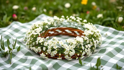 woodruff. Spring picnic scene with a woodruff flower wreath on a checkered blanket outdoors. lifestyle magazines, social media lookbooks, designed for influencer and brand collaborations.