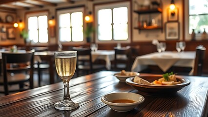 ouzo. Traditional Greek taverna setting with ouzo glass and meze on wooden table. lifestyle magazines, social media lookbooks, designed for influencer and brand collaborations, drives engagement.