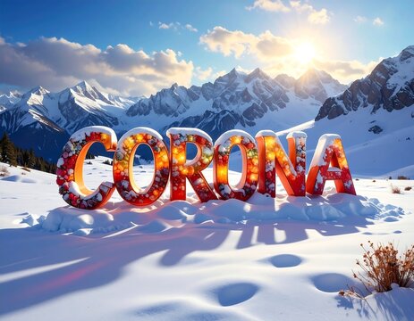 Winter Corona Word Art on Snowy Mountain.