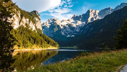 Majestic Alpine Lake Reflection with Towering Snow-Capped Mountains and Lush Green Forests Under a Bright Sky.