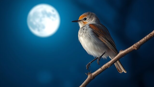 stanza. A nightingale resting on a branch under the moonlight in a serene blue night. wildlife magazines, conservation campaigns, designed for wildlife conservation campaigns.