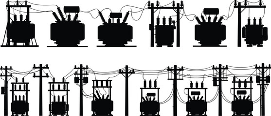 Silhouette vector illustration of electrical transformers and utility poles—power distribution infrastructure, voltage system, energy grid, substation layout, industrial network