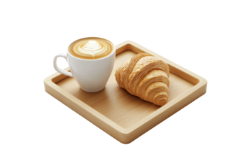 Rustic Wooden Tray with Pastry and Coffee Cup Isolated  on Transparent Background