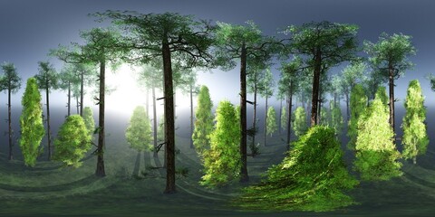 park in fog, HDRI, environment map , Round panorama, spherical panorama, equidistant projection, panorama 360, 3d rendering