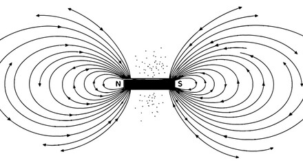 Illustration of a bar magnet with magnetic field lines and iron filings