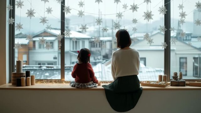 女性が子どもと窓辺をクリスマス飾りに整える
