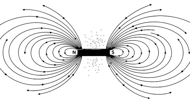 Illustration of a bar magnet with magnetic field lines and iron filings