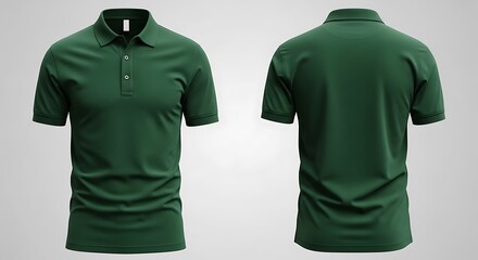 Front and back view of a dark green polo shirt, isolated on white background