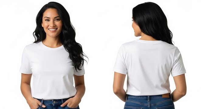 Woman wearing a white tshirt, front and back view, isolated on white background