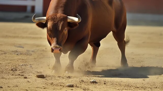 Massive muscular brown bull in aggressive stance pawing dirt in arena, strength and tension captured mid?action