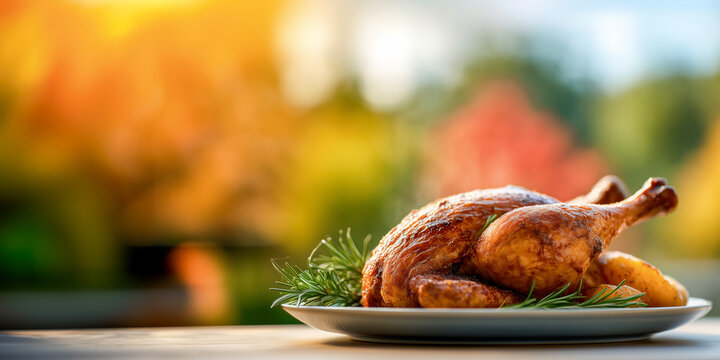 A poster of a roasted turkey platter on a table against a window overlooking an autumn park, copy space roasted turkey for Thanksgiving