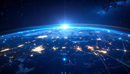 Earth from space with bright lights and connections showing global network, blue atmosphere and starry background
