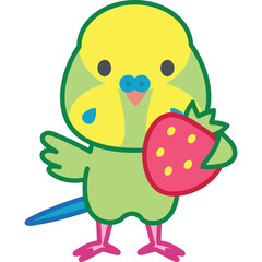 Obraz premium Cute cartoon budgie bird with yellow head and green body holding a red strawberry with yellow dots on transparent background and a blue tear drop shape on its cheek