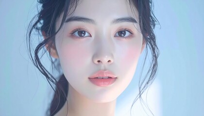 日本人, 超リアル, 美しい若い女性, 顔クローズアップ, 欠点のない肌, 輝く肌質, ナチュラルメイク, 柔らかなライティング, 美容CM風, シネマティック, カメラ目線, 高解像度, Japanese, ultra-realistic, beautiful young woman, face close-up, flawless skin, glowing complexion