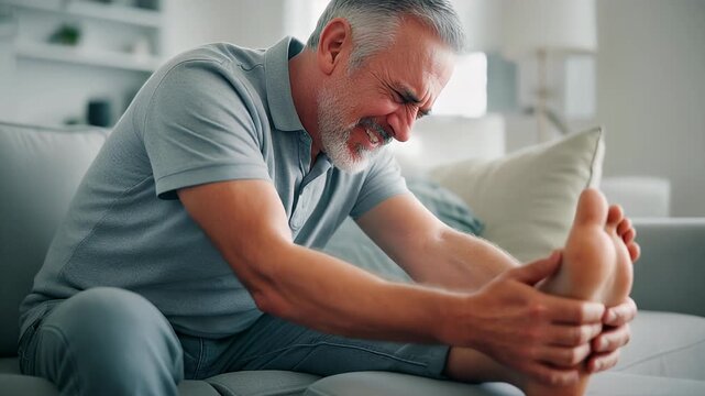 Middle‑aged man grimacing and grabbing foot on sofa, sharp pain from plantar fasciitis or cramp, domestic interior
