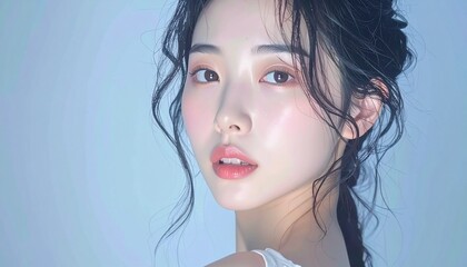 Fototapeta premium 日本人, 超リアル, 美しい若い女性, 顔クローズアップ, 欠点のない肌, 輝く肌質, ナチュラルメイク, 柔らかなライティング, 美容CM風, シネマティック, カメラ目線, 高解像度, Japanese, ultra-realistic, beautiful young woman, face close-up, flawless skin, glowing complexion