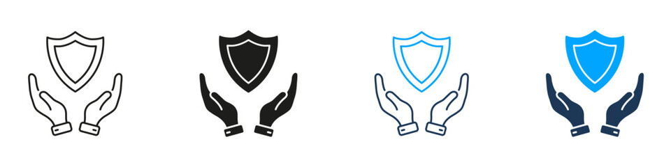 Hands Holding Shield Line And Solid Icon Set. Protection, Security, And Safety Assurance Symbol Collection. Risk Management And Trust Representation. Isolated Vector Illustration