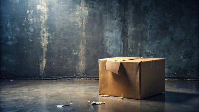 A solitary, worn cardboard box rests on a dark, textured floor against a weathered wall, hinting at forgotten contents and untold stories