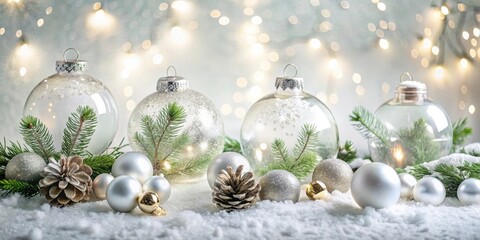 Fototapeta premium Festive Winter Wonderland Sparkling Ornaments, Cones, and Evergreens Resting on a Snowy Surface with a Glimmering Light Background