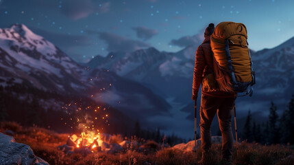 Hiker with backpack standing on mountain ridge at sunrise
Traveler enjoying mountain view during adventure trip