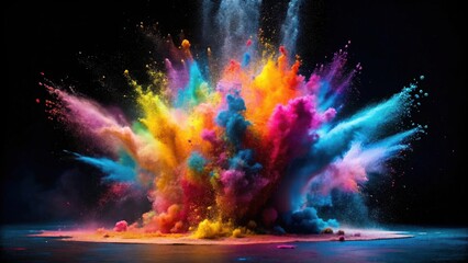 A vibrant explosion of multicolored powder, a dynamic burst of color against a dark background, showcasing a spectrum of hues in a powerful visual display of artistry and energy
