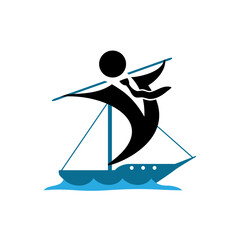 Business icon of a ship with a sail on a white background.