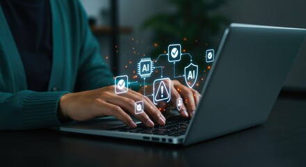 AI security system on laptop artificial intelligence cybersecurity data protection information technology typing internet network