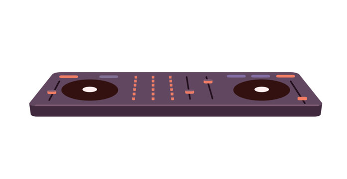 DJ console for electro, disco concert. Disc&nbsp;jockey equipment, deejay controller. Turntable, mixing panel. Mixer to play electronic, techno music. Flat isolated vector illustration on white background.