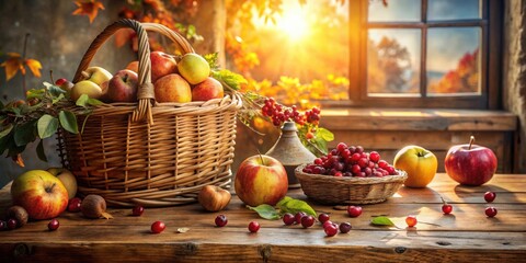 Golden Hour Harvest A Rustic Still Life Featuring Apples and Cranberries in a Wicker Basket on a Wooden Table