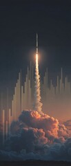Rocket's journey: military power in boundless skies. Business strategy. Intercontinental missile piercing cloud layers in clear skies. Market trends. Business development.