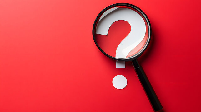A magnifying glass on a question mark against a red background with copyspace