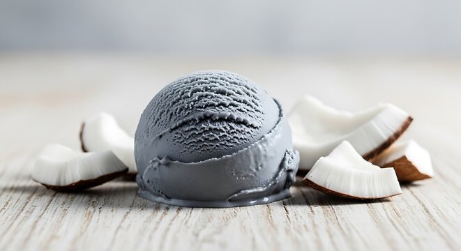 Delicious scoop of grey charcoal ice cream with fresh coconut pieces on a wooden table representing a tropical dessert concept - Powered by Adobe