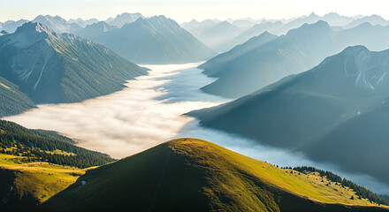 Majestic Alpine Valley Shrouded in Morning Mist with Sunlit Peaks