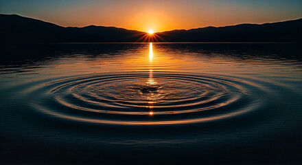 Radiant Sunburst and Concentric Ripples on a Tranquil Lake at Golden Hour