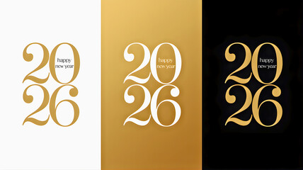 Elegant 2026 Happy New Year typography design set featuring stylish gold and white numbers for festive greetings and celebrations