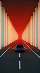 Retro Car Driving Through Red Tunnel, Geometric Architecture, Minimalist Aesthetic.