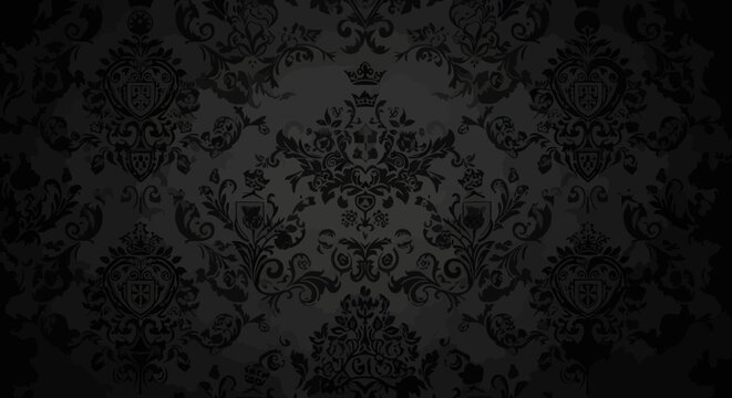 Dark damask wallpaper with intricate floral and crown patterns, creating a vintage and elegant background.