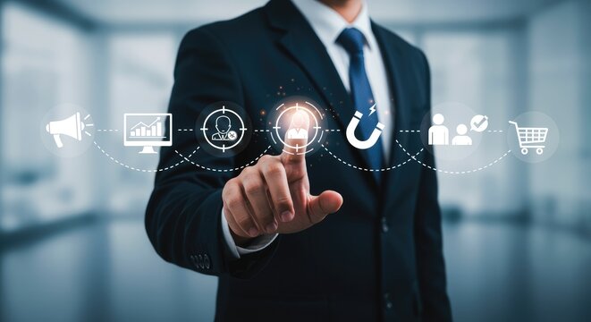 Businessman using touch screen to target customers marketing analytics targeting attraction customer satisfaction sales technology