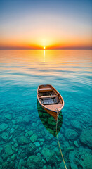 Serene Wooden Rowboat Drifts on Crystal Clear Turquoise Waters Under a Vibrant Sunset Sky