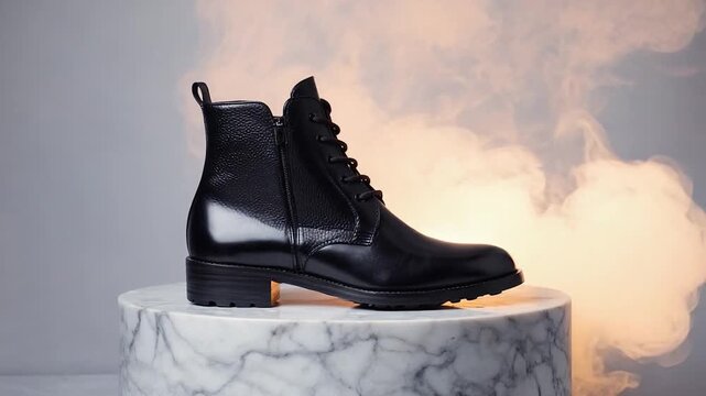 Black Leather Combat Boot on Marble Pedestal with Smoke Effect