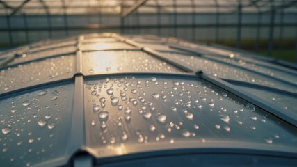 Close up of a clear glass roof with water droplets backlit by the sun - Powered by Adobe