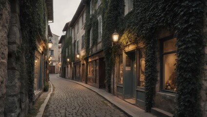 Obraz premium A cobblestone street in Europe with ivy-covered buildings, softly lit by lanterns