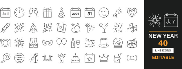 New year 40 editable line icons pack. Countdown, fireworks, champagne, celebration, party, balloons, clock, party hat, confetti, resolution, toast, gift and more icons.