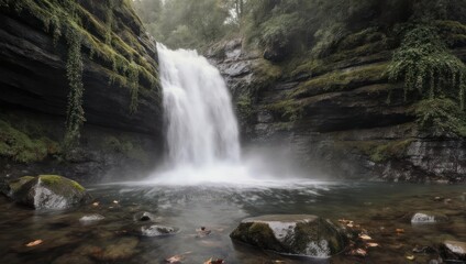 A cascading waterfall plunges into a serene pool surrounded by mossy rocks