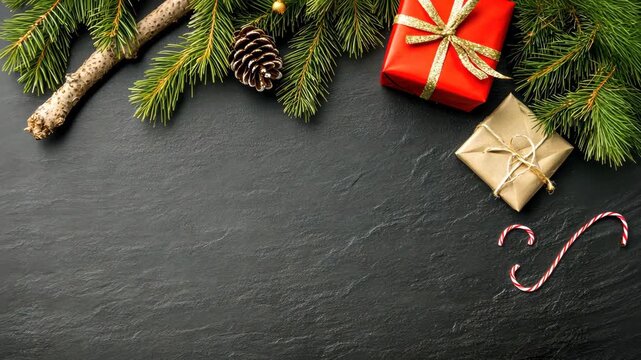 Presents are arranged with festive greenery, pine cones, and candy canes for a charming holiday atmosphere