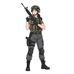 Illustration of a female soldier in tactical gear holding a rifle, ready for action