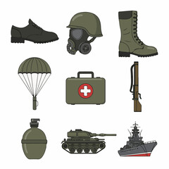 Set of army and military vector icons showing equipment, weapons, vehicles, and safety gear for soldiers